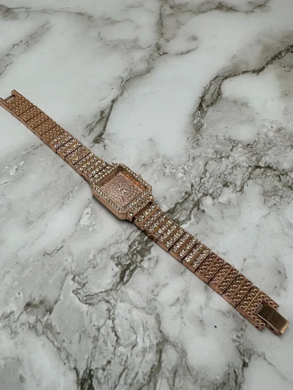 Rose Gold Tone Rhinestone Watch Womens Square Dial 20MM New Battery 6.5 Inch